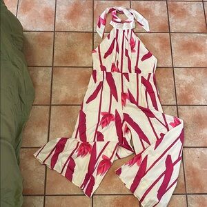 Fashion Nova Pink and White Wide Leg Jumpsuit